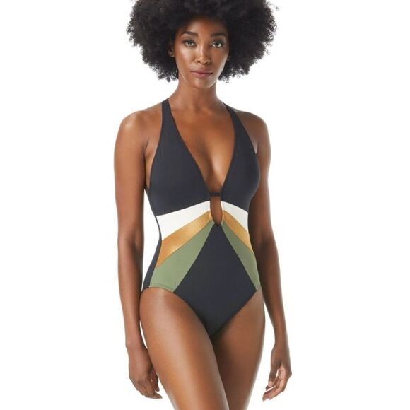 Vince Camuto Gold Shimmer Blocked Plunge V-Neck One Piece Swimsuit - 8 - Picture 3 of 4